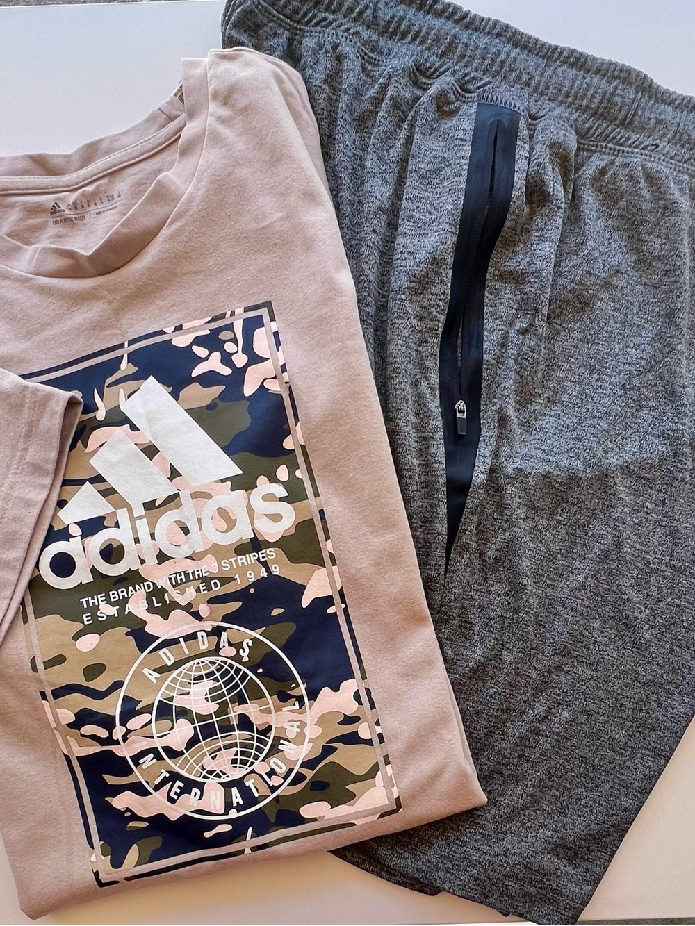 adidas men’s Camo Logo shirt with Gray Joggers